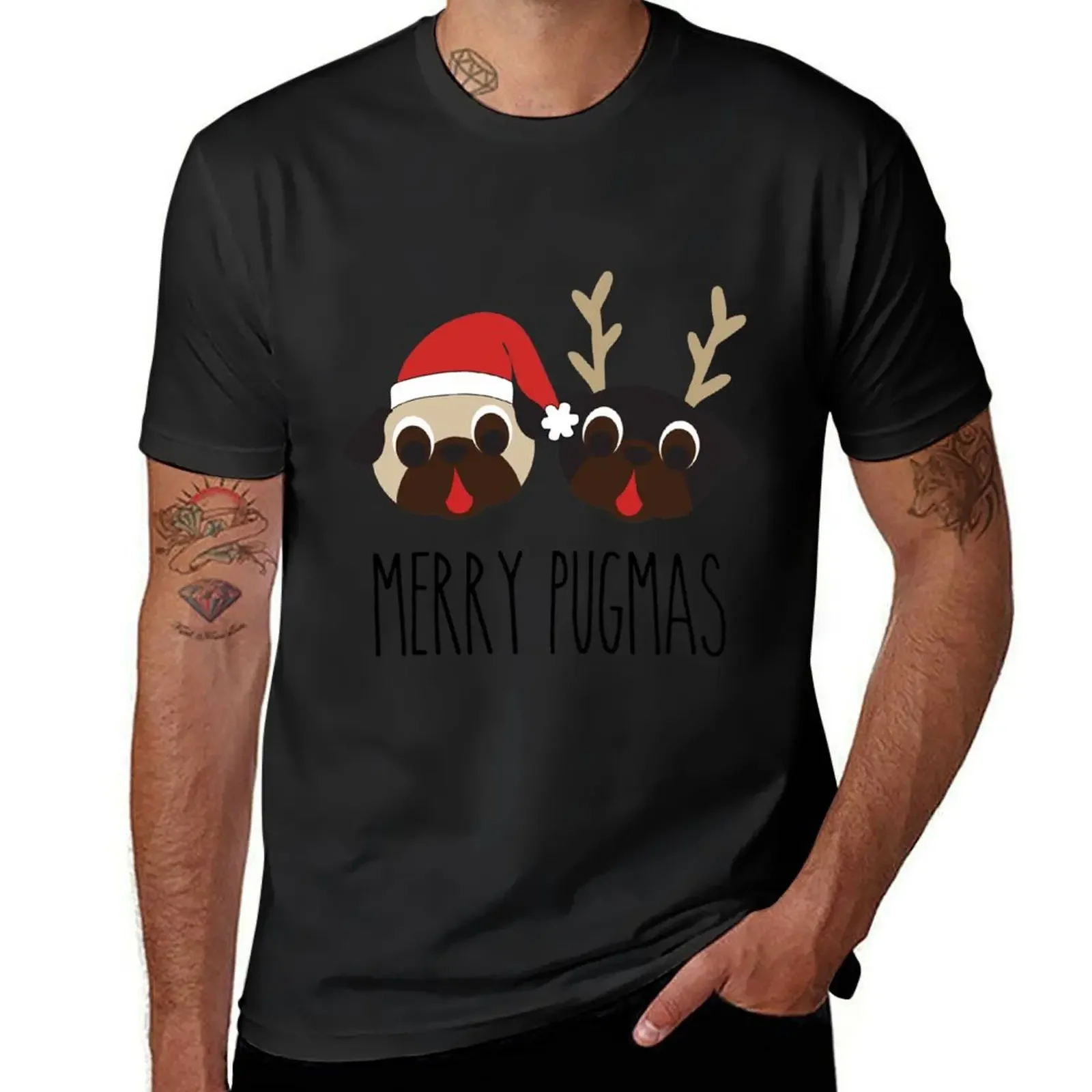 Merry Pugmas Santa & Reindeer Pugs Pattern 2 T-Shirt shirts graphic tees Aesthetic clothing designer t shirt men