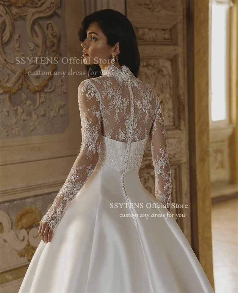 SSYTENS فساتين زفاف فاخرة من الدانتيل للمرأة برقبة عالية من الساتان زي العرائس بأكمام طويلة فستان عروس Vestidos De Novia مخصص