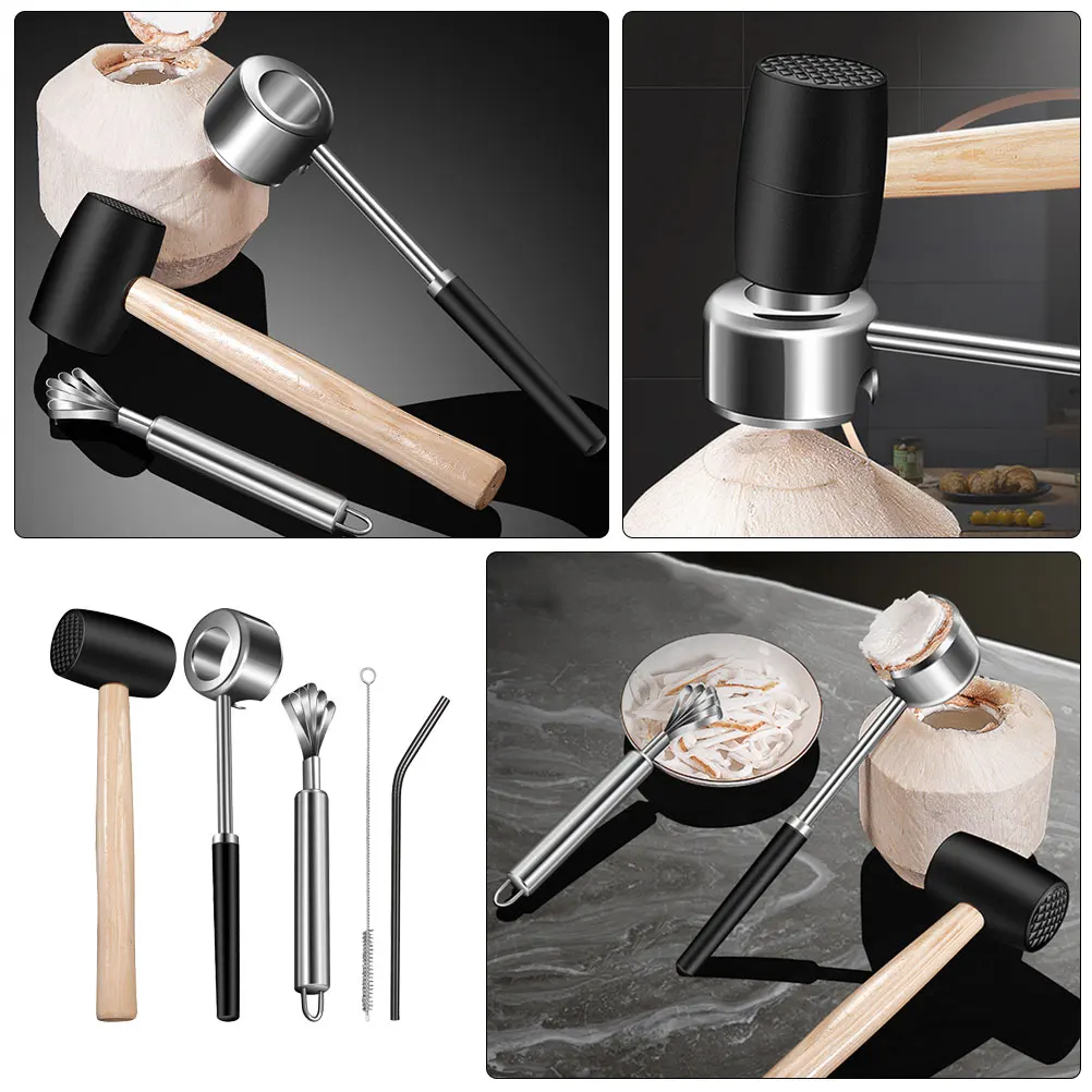 

Coconut Opener Set Stainless Steel Rubber Wood Tools Coconuts Meat Removal Slicer Scraper Punch Kit Kitchen Gadgets Portable