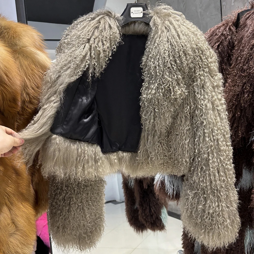 YOLOAgain 2025 Autumn Winter Warm Turn-Down Collar Real Mongolia Sheep Fur Jacket Coat Women Short Black Sheep Fur Jacket Female