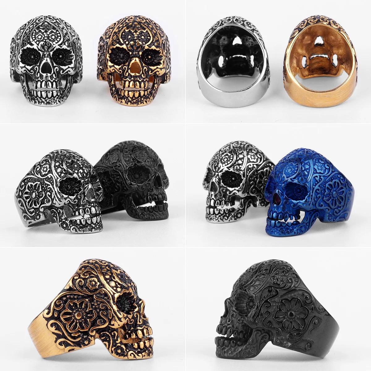 Stainless Steel Gothic Skull Bones Men Rings Vintage Carving Domineering Gothic Rock Biker for Male Men Boy Fashion Jewelry Gift