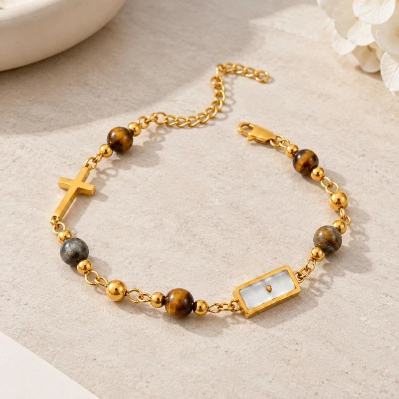 Faith-Themed Bracelet with Natural Stone Beads, Stainless Steel Christian Jewelry, Lobster Clasp Closure and Extension D0UB