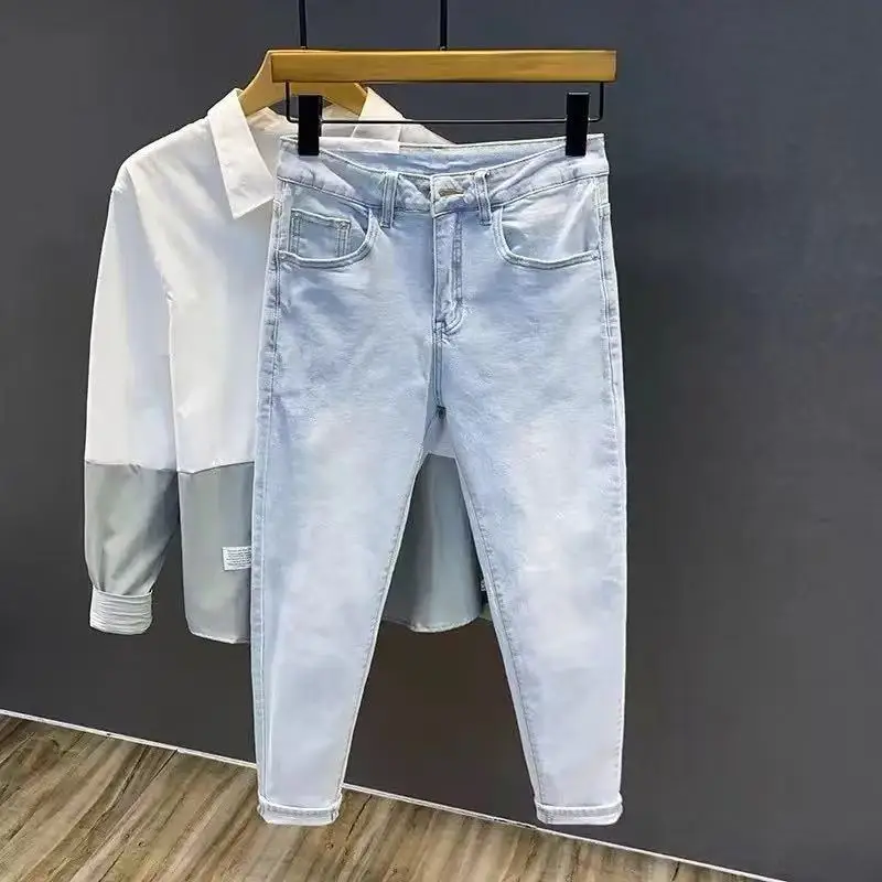 

Ретро японские мужские джинсы Sle Light Wa, облегающие эластичные брюки из девяти предметов, повседневные летние прямые джинсы с низкой талией на молнии