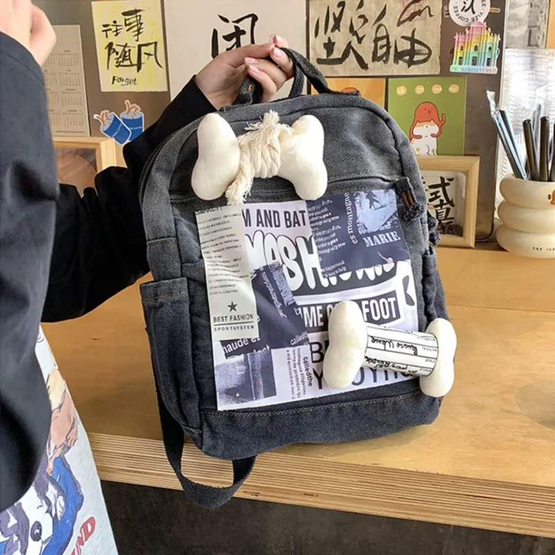 

High Street Campus Retro Student Schoolbag Unisex Trendy Rock Large Capacity Backpack Ladies Bone Denim Patch Mochilas Mujer New