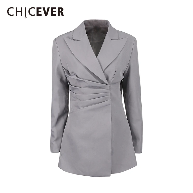 

CHICEVER Gray Spliced Folds Korean Jacket Female Lapel Long Sleeve Slimming Temperament Women's Jackets Autumn Fashion New Style