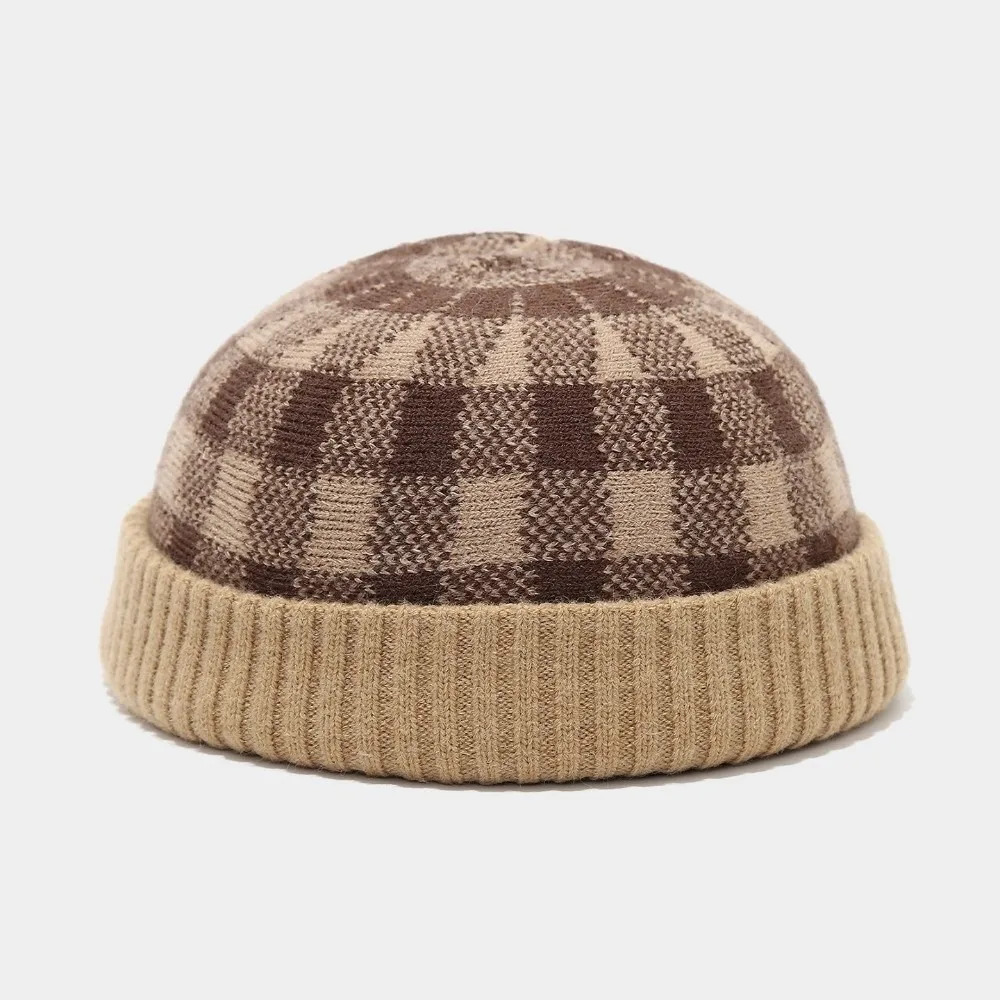 Striped Pattern Knitted Beanie Hat Thickened Rolled Edge Design Streetwear Docker Hat Adjustable Fit Warm Landlord Hat