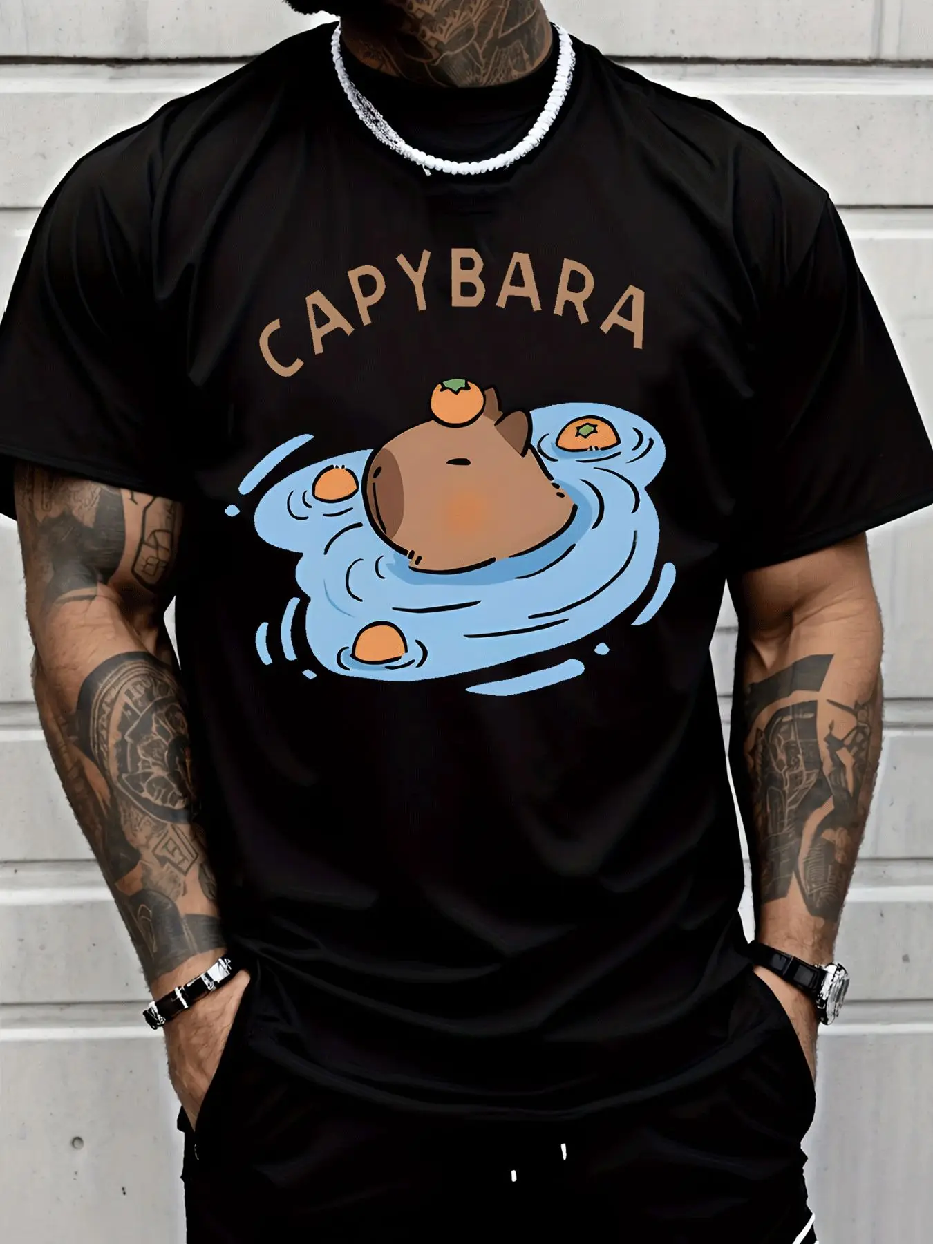 Men T Shirt Short Sleeve Capybara Swim Orange Graphic Tee Cartoon Animal Print Tops Summer Cotton O Neck Casual Wear Adult Male