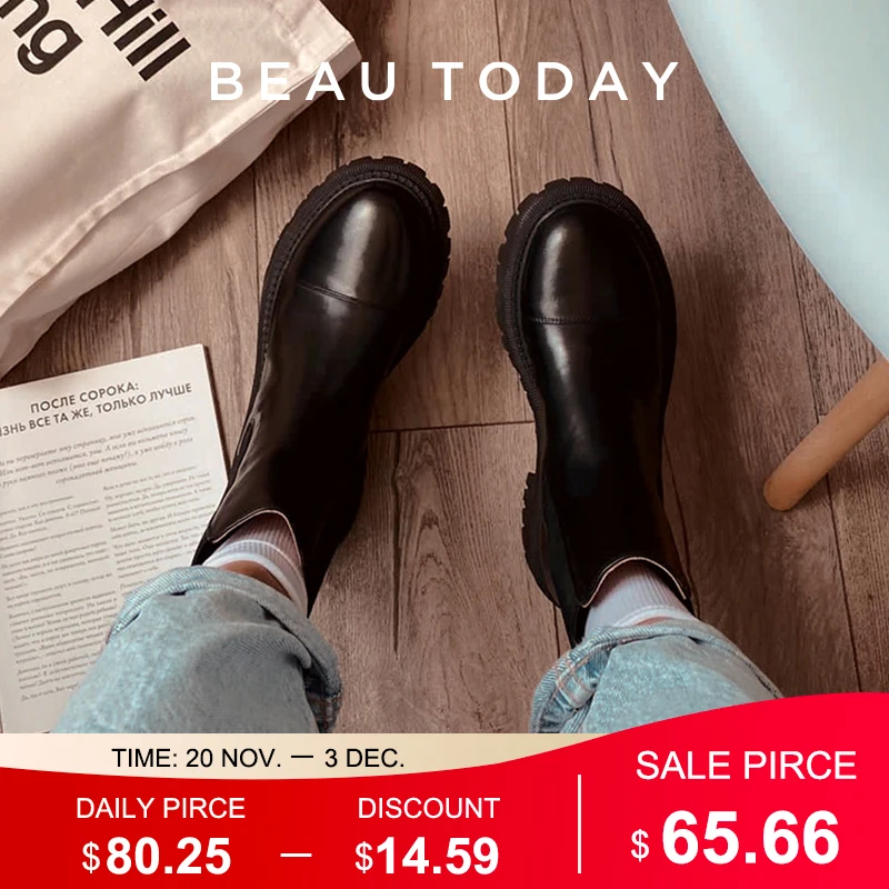 

BeauToday Ankle Boots Platform Women Cow Leather Chelsea Boots Round Toe Elastic Band Thick Sole Ladies Shoes Handmade 02379