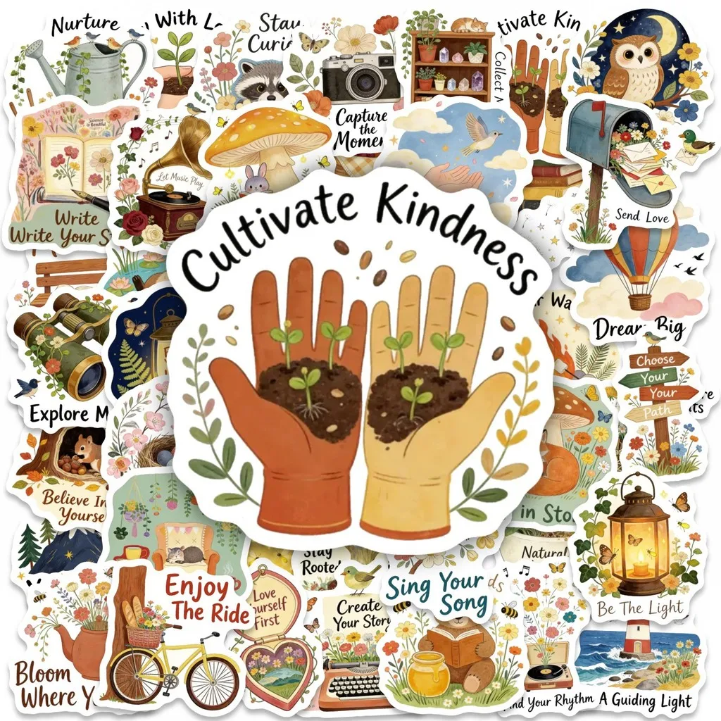 Aesthetic Sticker Set 50 Sheets, Inspirational Quotes with Hand‑painted Forest Botanical Mushroom Golden Memory Stickers Store