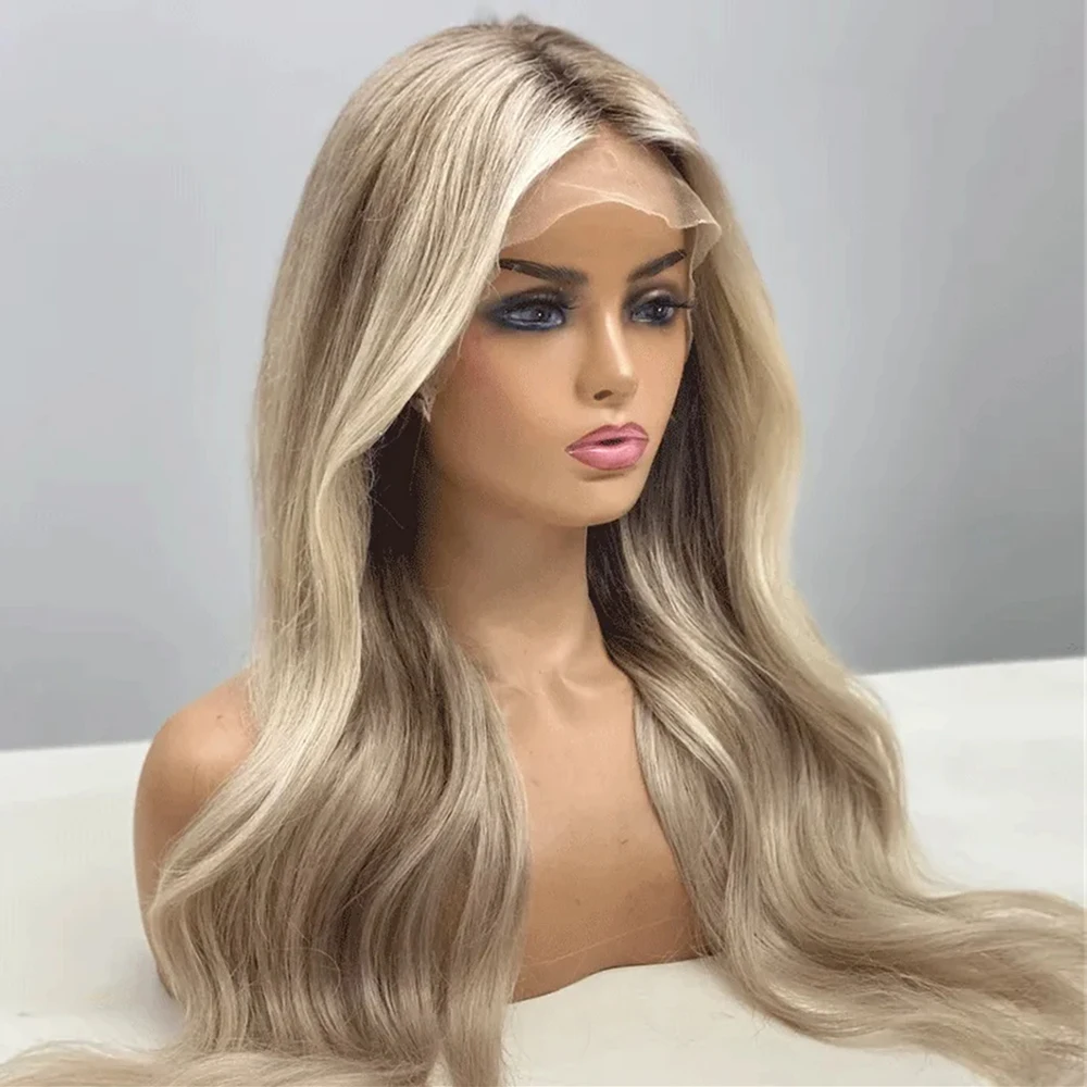 Ash Blonde Balayage Synthetic Wig Dark Roots 13x4 Lace Front HD Glueless Wig Loose Wave Blend Human Hair Wig for Women Daily Use
