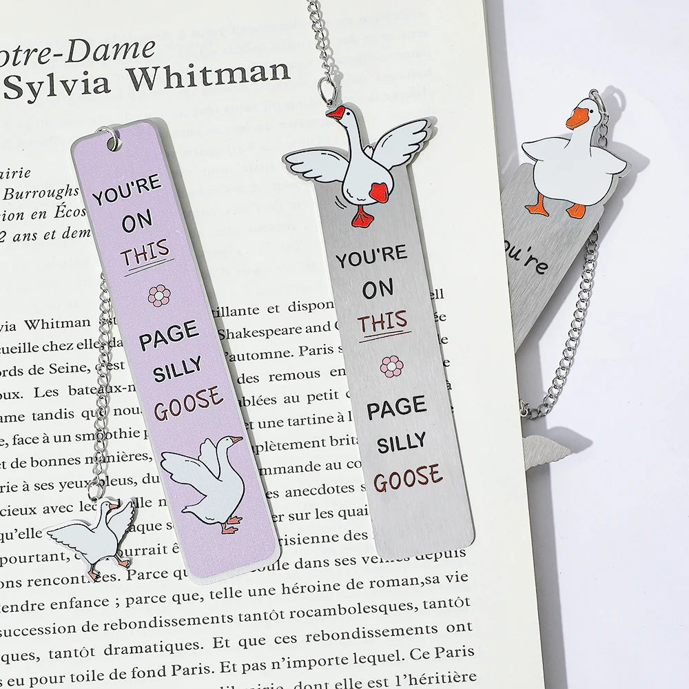 Silly Goose Metal Bookmarks Silver Lavender Page Markers with Duck Charm Chain, Red Accent Letters & Floral Decor for Book Lover
