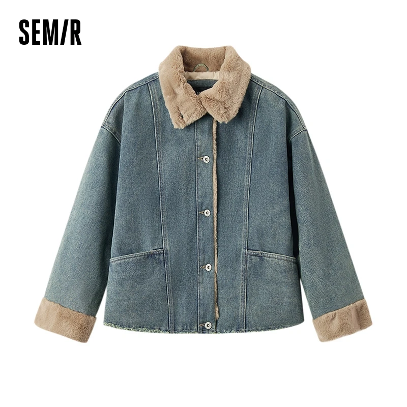 

Semir Denim Cotton Clothing Women Splicing Fur Collar American Retro 2024 New Winter Loose Street Trendy Frayed Edge Jacket