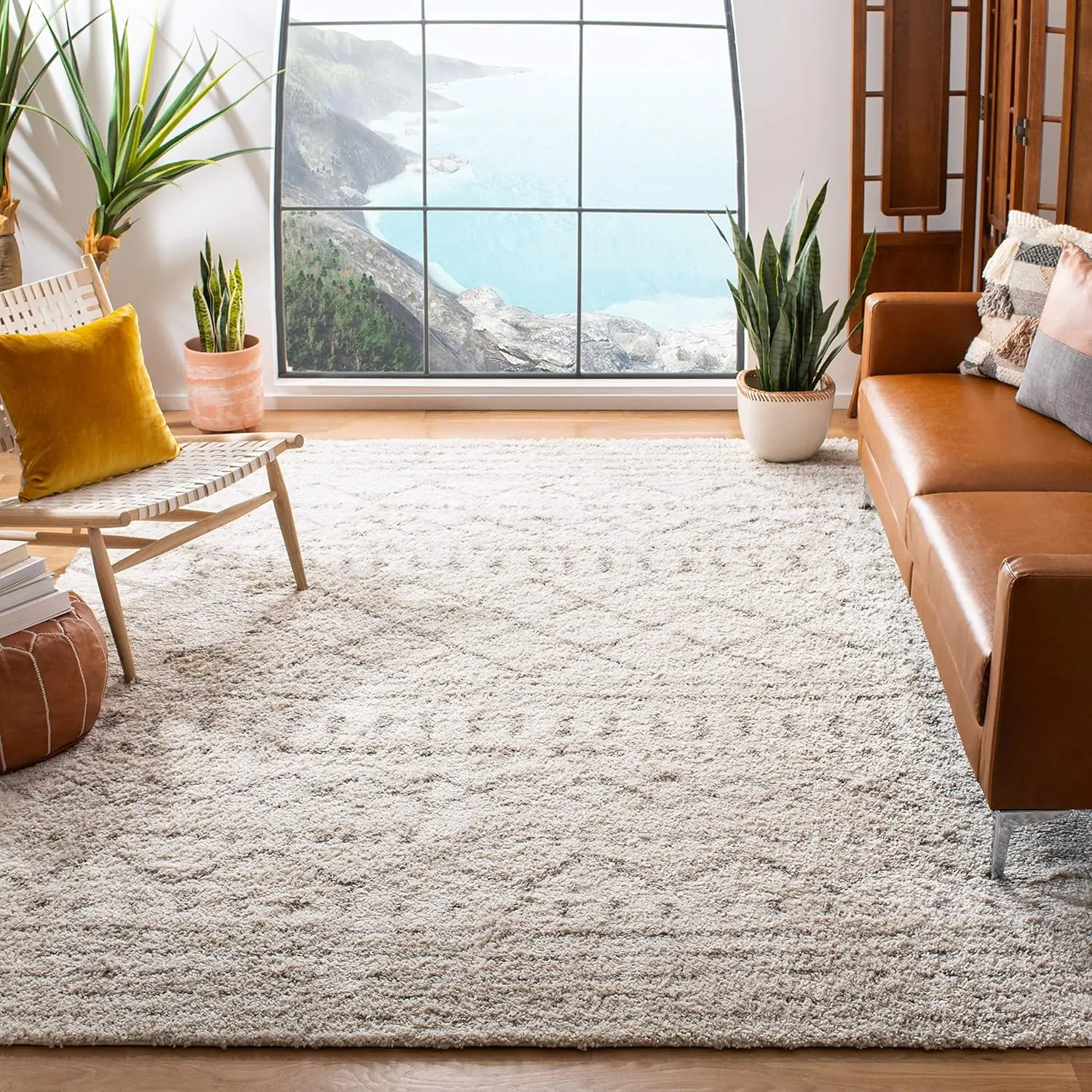 Arizona Shag Collection Area Rug - 9' x 12', Ivory & Beige, Moroccan Design, Non-Shedding & Easy Care, 1.6-inch Thick