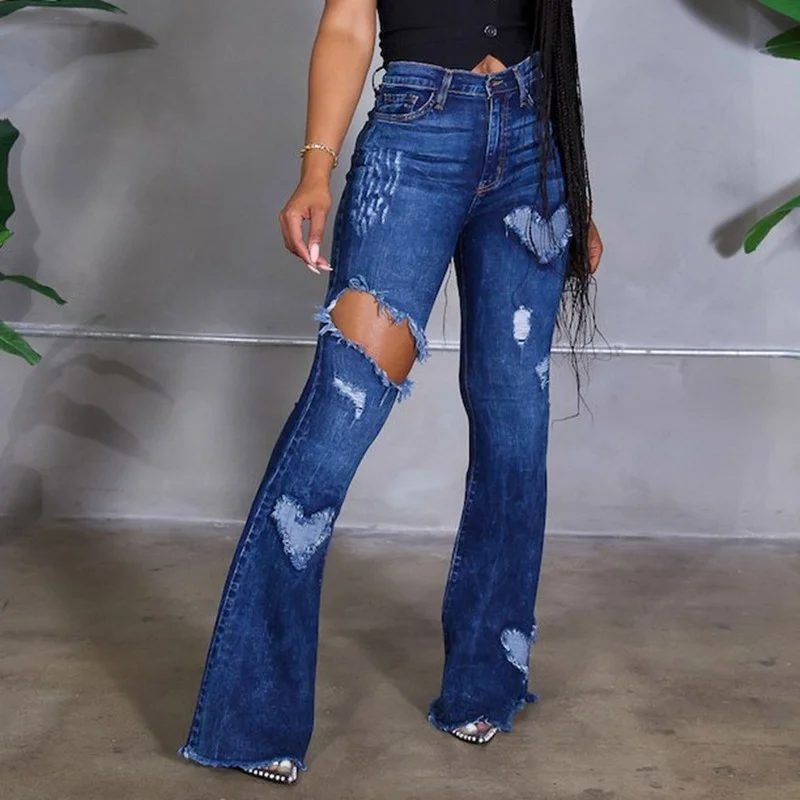 New Heart-shaped Flared Pants Mom Jeans Retro Blue Cute Flared Long Jeans Women's Fashion Ripped High Waist Casual Jeans Pants