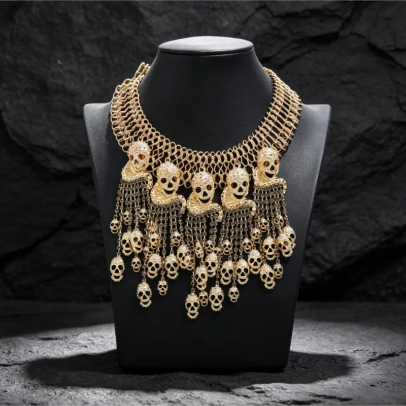 Retro Halloween Necklace Accessory Set Gothic Rock Punk Exaggerated Metal Skull Tassel Necklace Cosplay Props