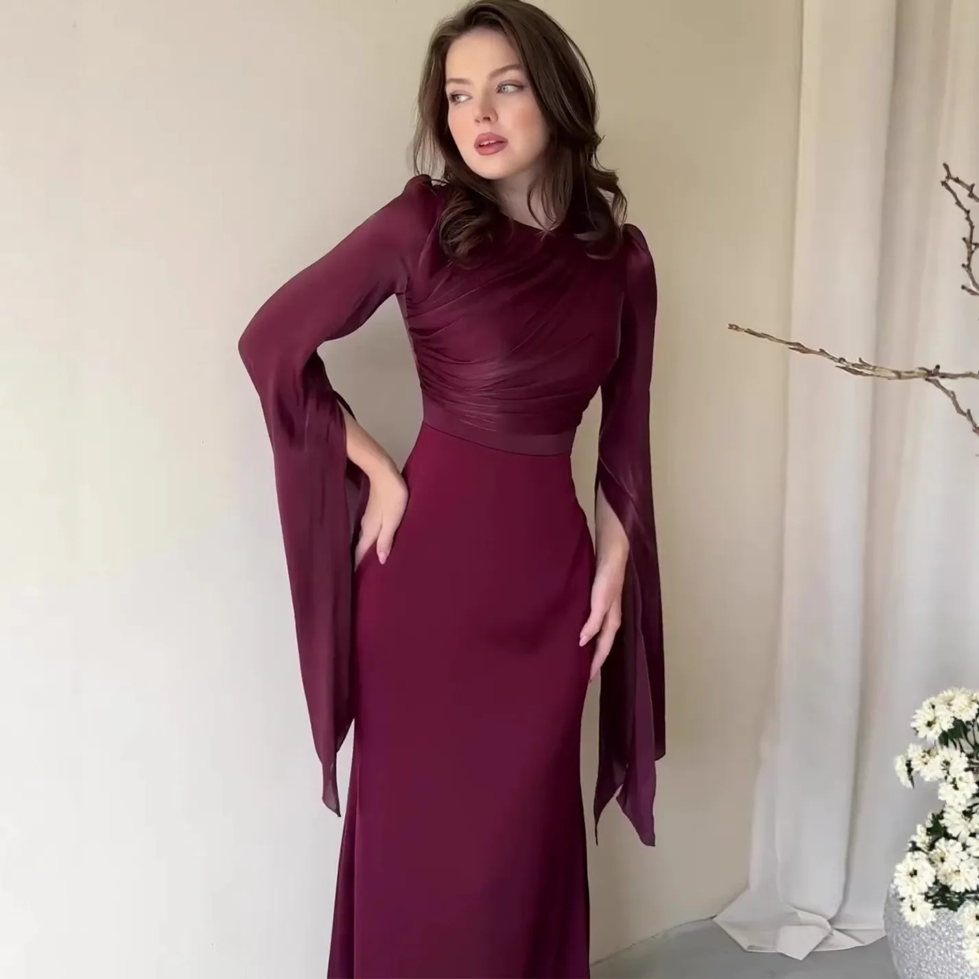 Patchwork Pleated Dress a Line Maxi Length High Waist Long Sleeve Batwing Sleeve Round Neck Pullover Workwear for Women Summer