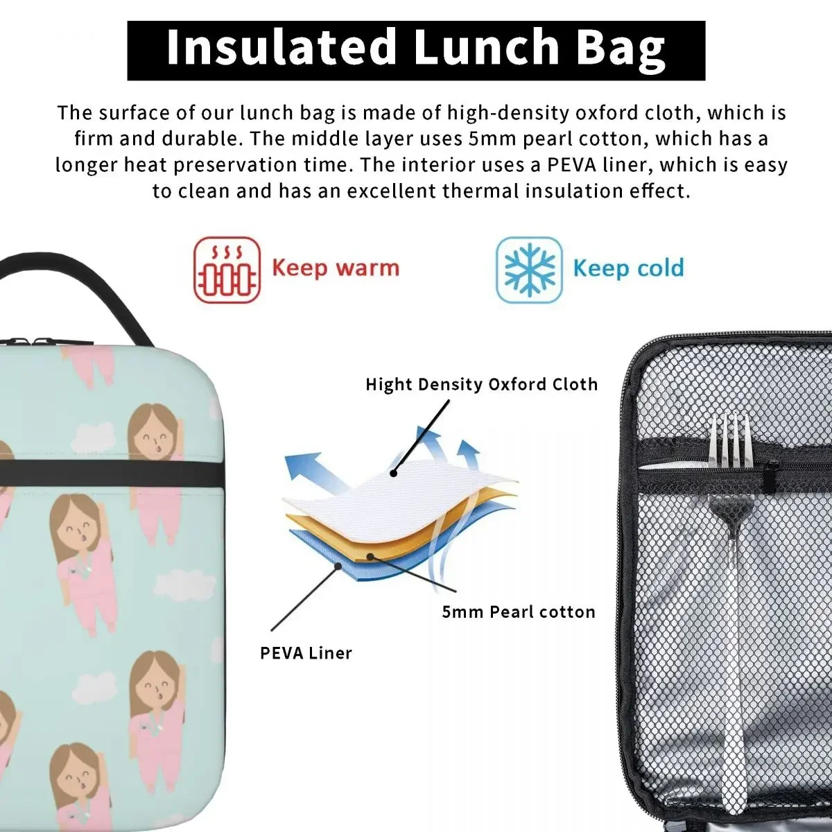 Cartoon Ladies Nurse Insulated Lunch Bag For Travel Enfermera En Apuros Storage Food Boxes Portable Thermal Cooler Lunch Boxes