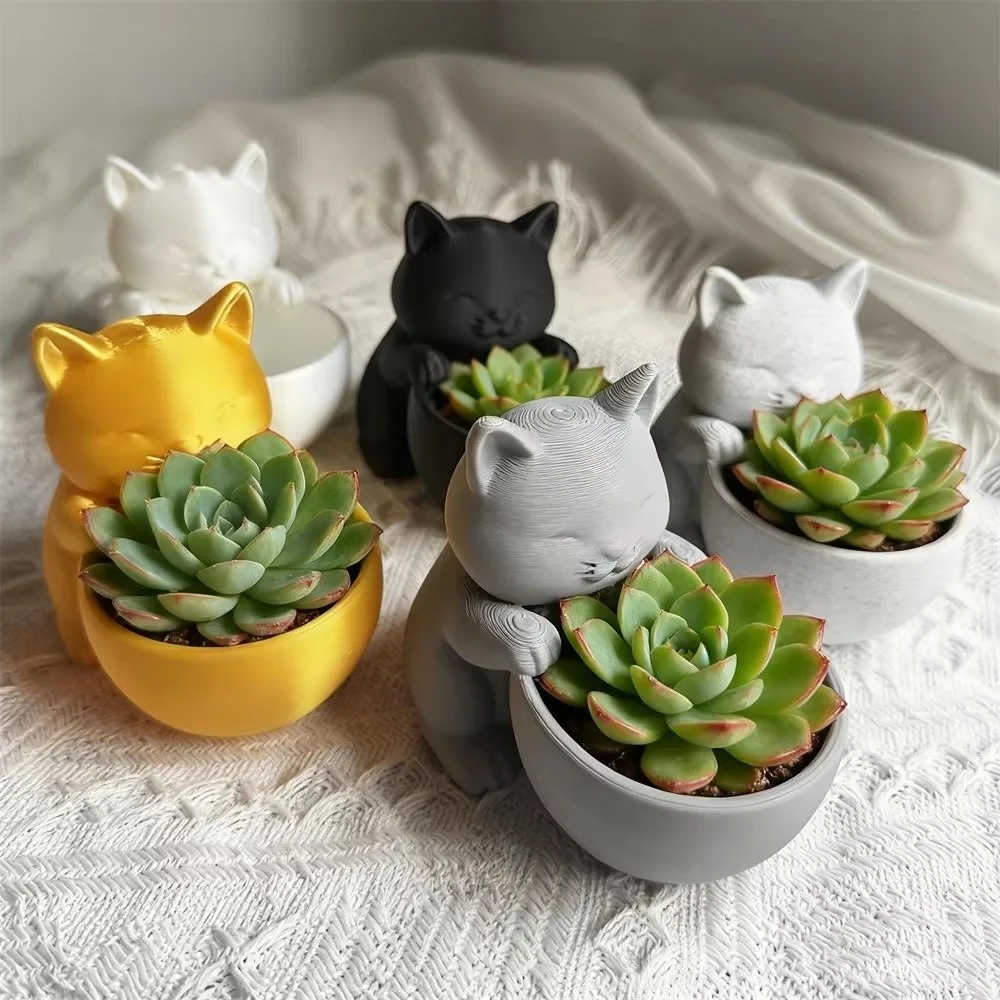 Mini Small Flowerpot Cat-Shaped with Drainage Holes Cacti Potted Plant Uniquely Designed Succulents Planter Pot Desktop Ornament