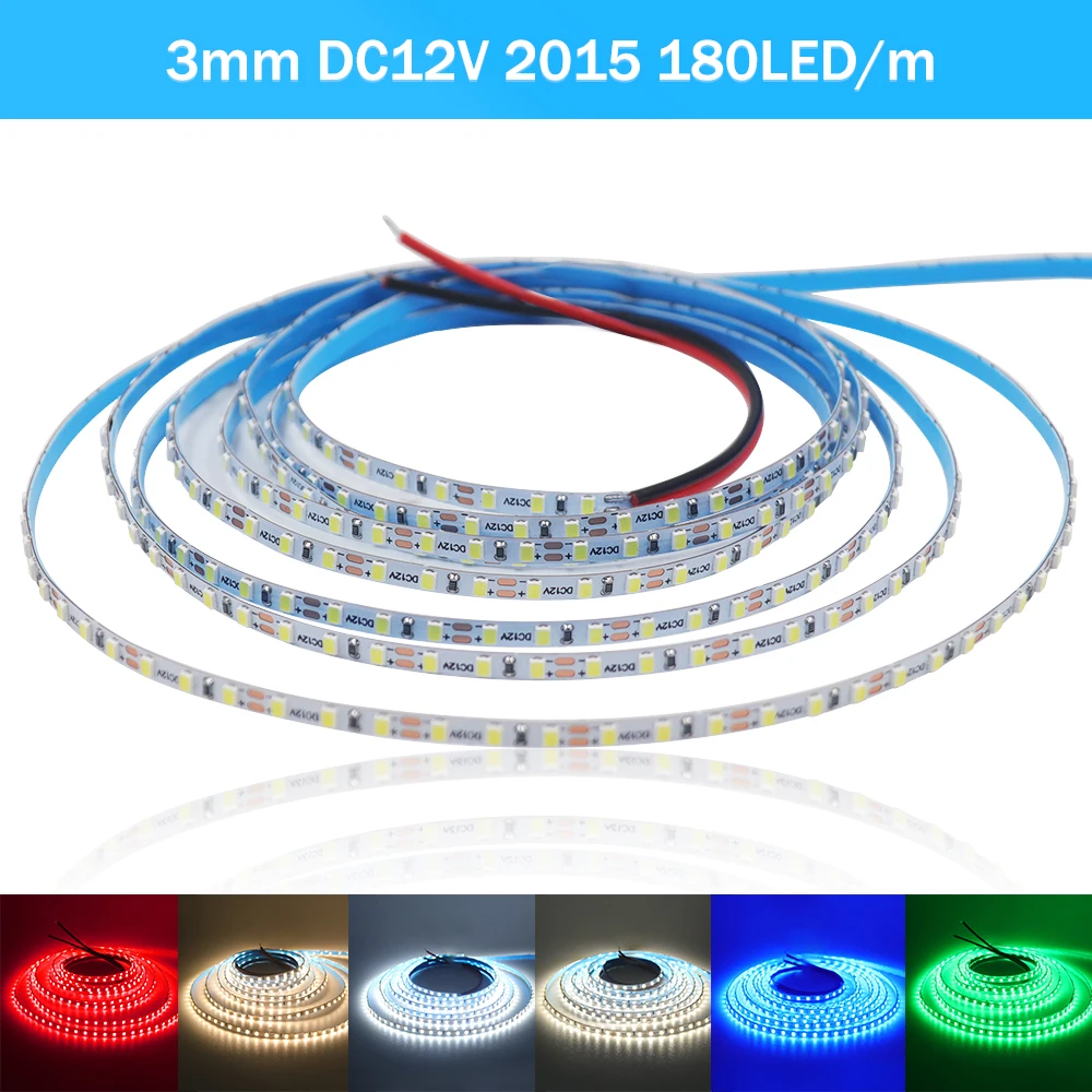 3mm Ultra Thin LED Strip 5M DC12V 2015 180Leds/m Rope Light Flexible LED Tape Light Red Green Ice Blue White Warm White 4000K