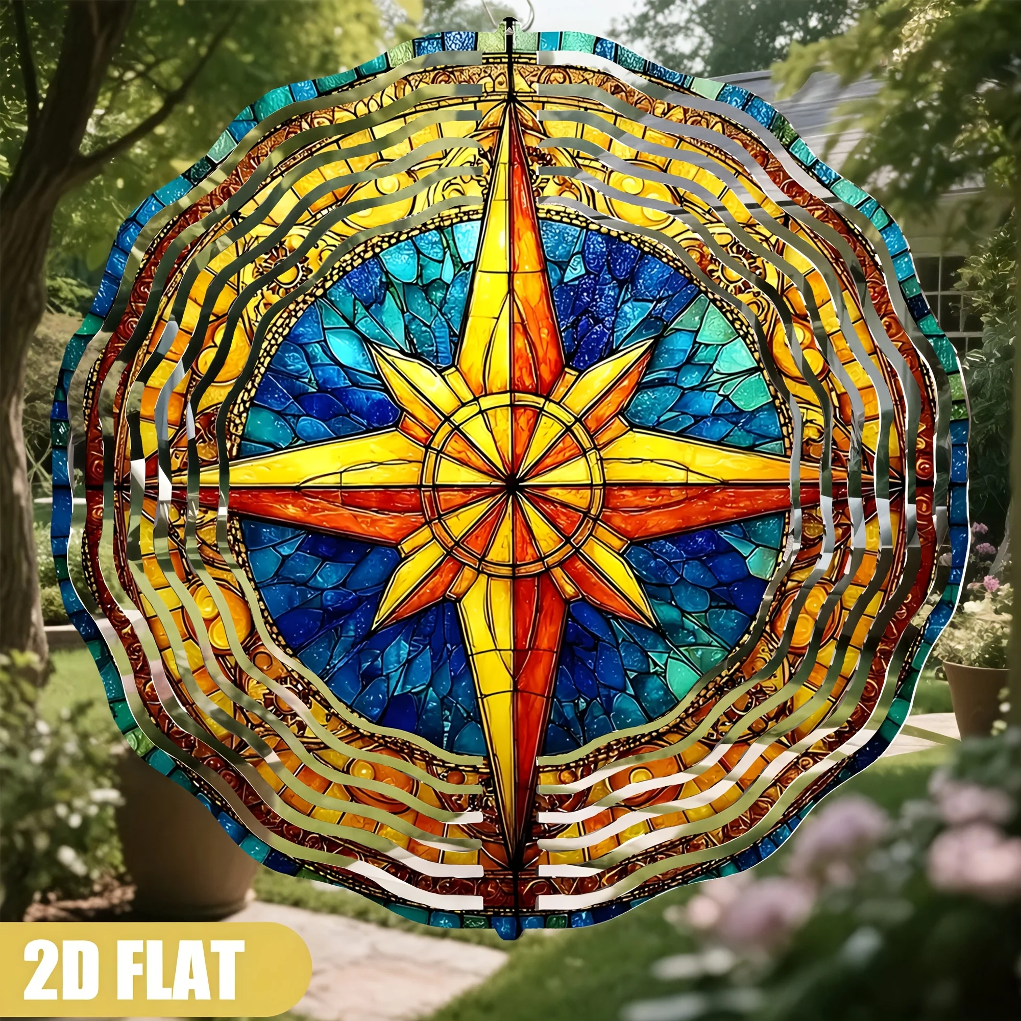 Retro Painted Glass Compass Weather Vane Wind Chime,with Yellow Star-Shaped Center, Suitable Outdoor Garden Courtyard Decoration