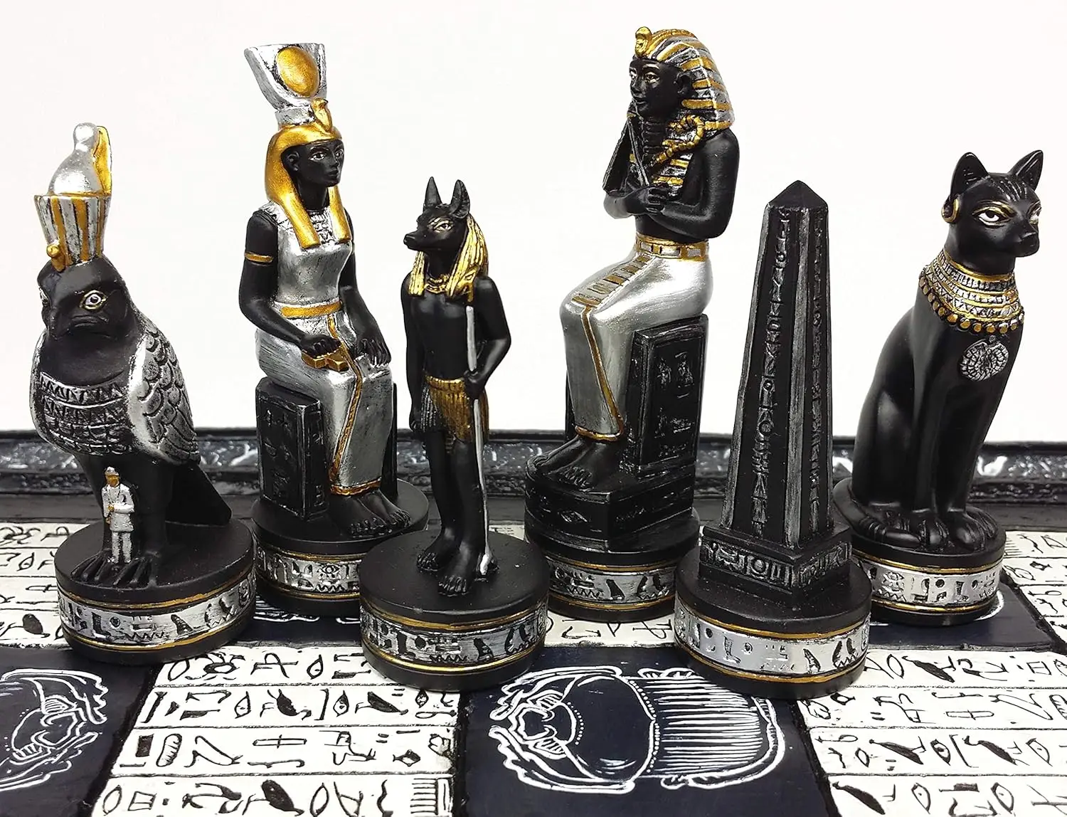 

Egyptian Anubis Black and Silver Chess Men Set with Gold Accents - NO Board