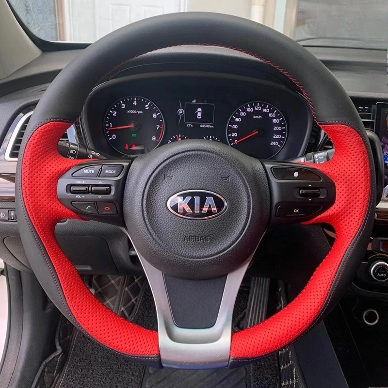 

Сшитый вручную черный, красный чехол на руль автомобиля из натуральной кожи для Kia KIA Carnival III 2014-2021 Sedona Sorento 3 2015-2018