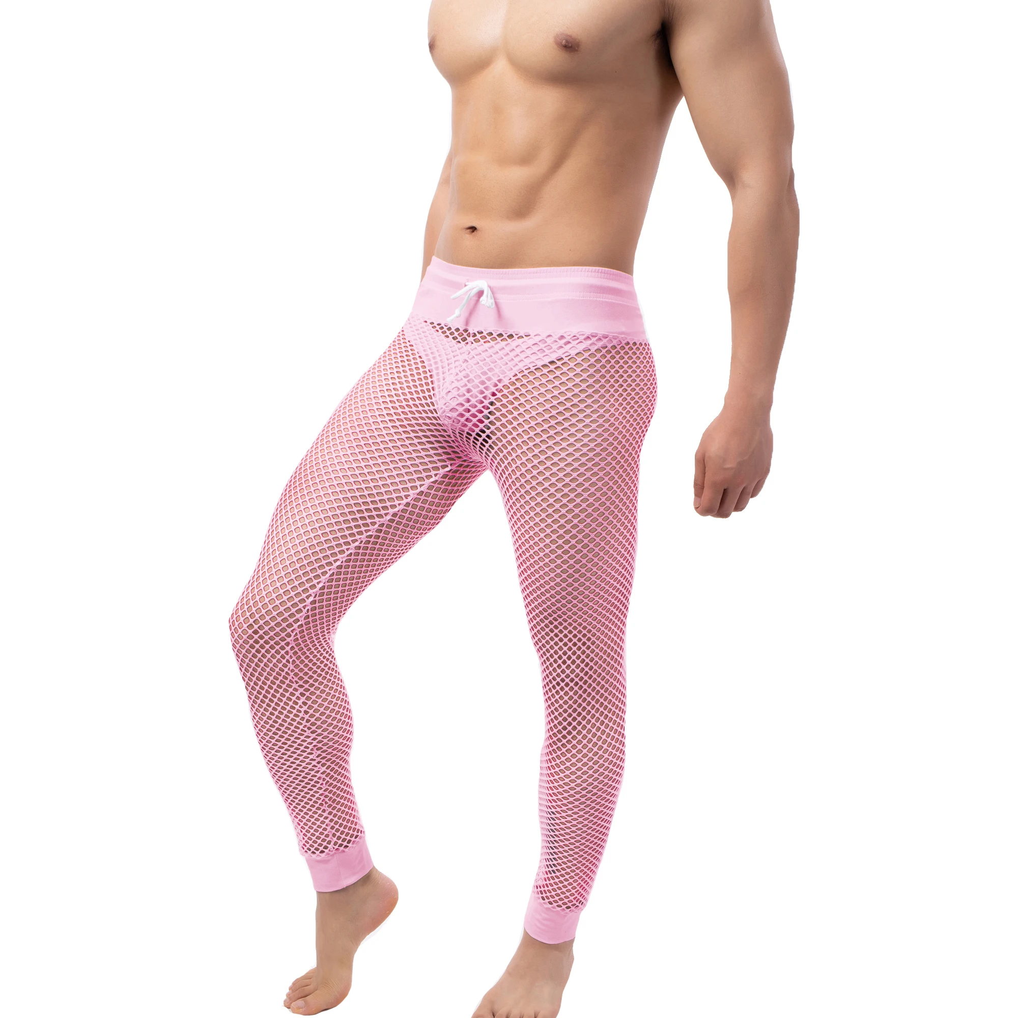 

Men Hollow Out Pants Pajama Sexy Mesh Sleepwear See Through Fishnet Sleep Bottoms Underwear Solid Color Breathable Long Trousers