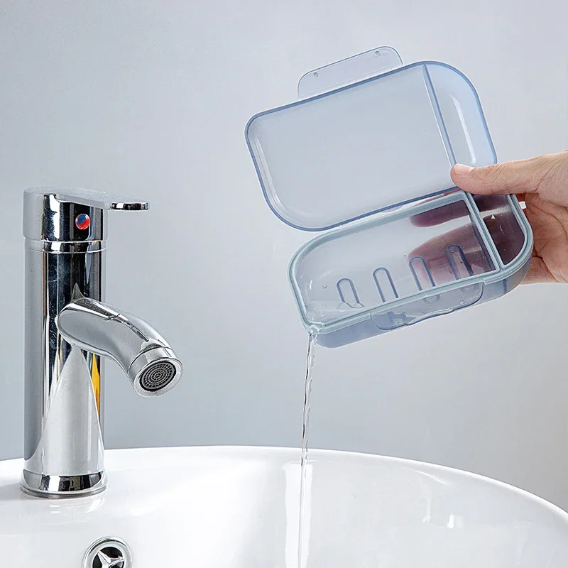 Portable 2-Compartment Soap Dish with Lid Oval Soap Box Sealed Waterproof Bathroom Soap Holder Storage Box Soap Case