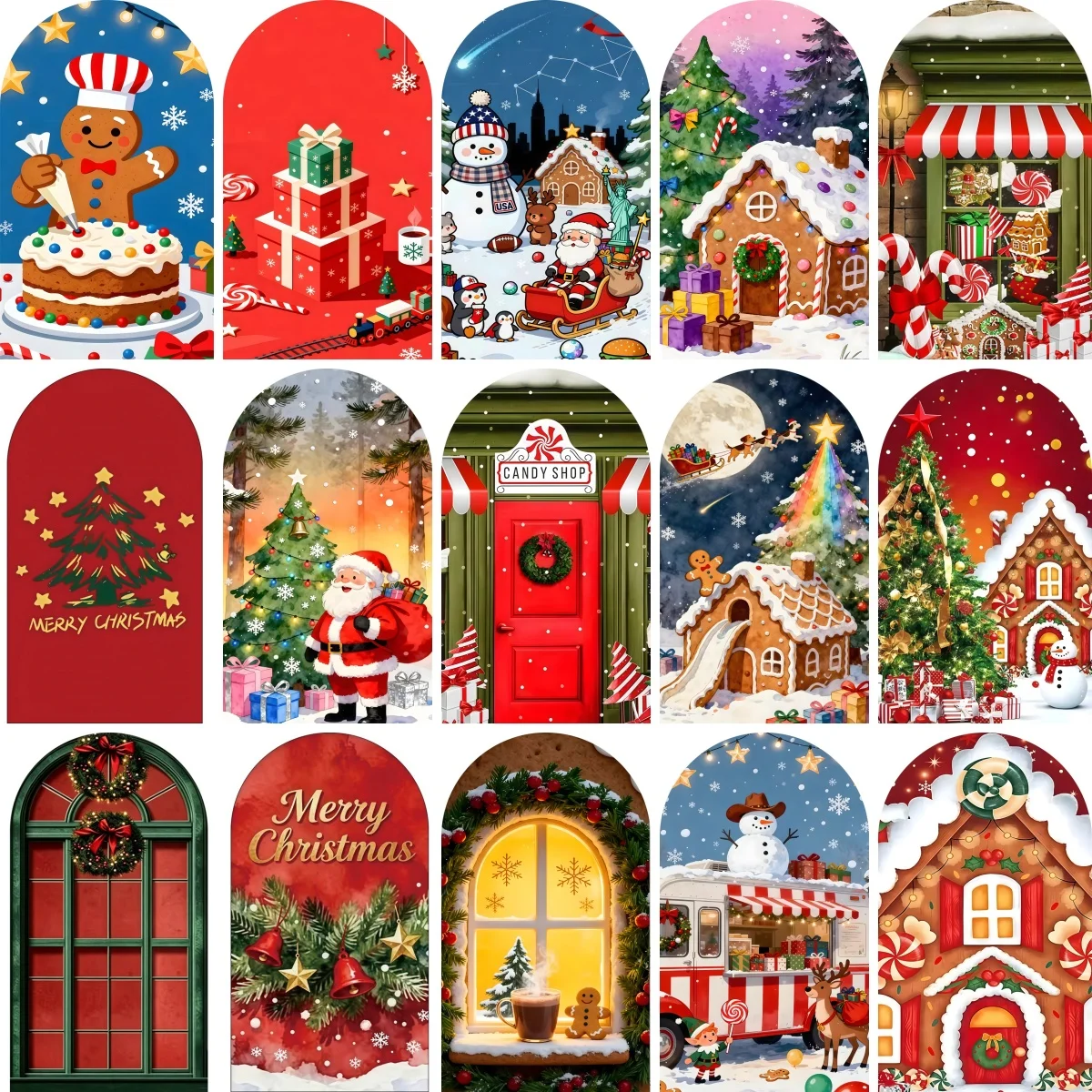 Merry Christmas Arch Cover Winter Snow Xmas Tree Wreath Bells Home Decor Family Xmas Party Elastic Covers for Decorative Arches