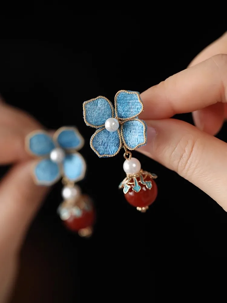 FXLRY Original Handmade Pearl Fabric Fleece Flower Blue Fall And Winter Stud Earring Accessories