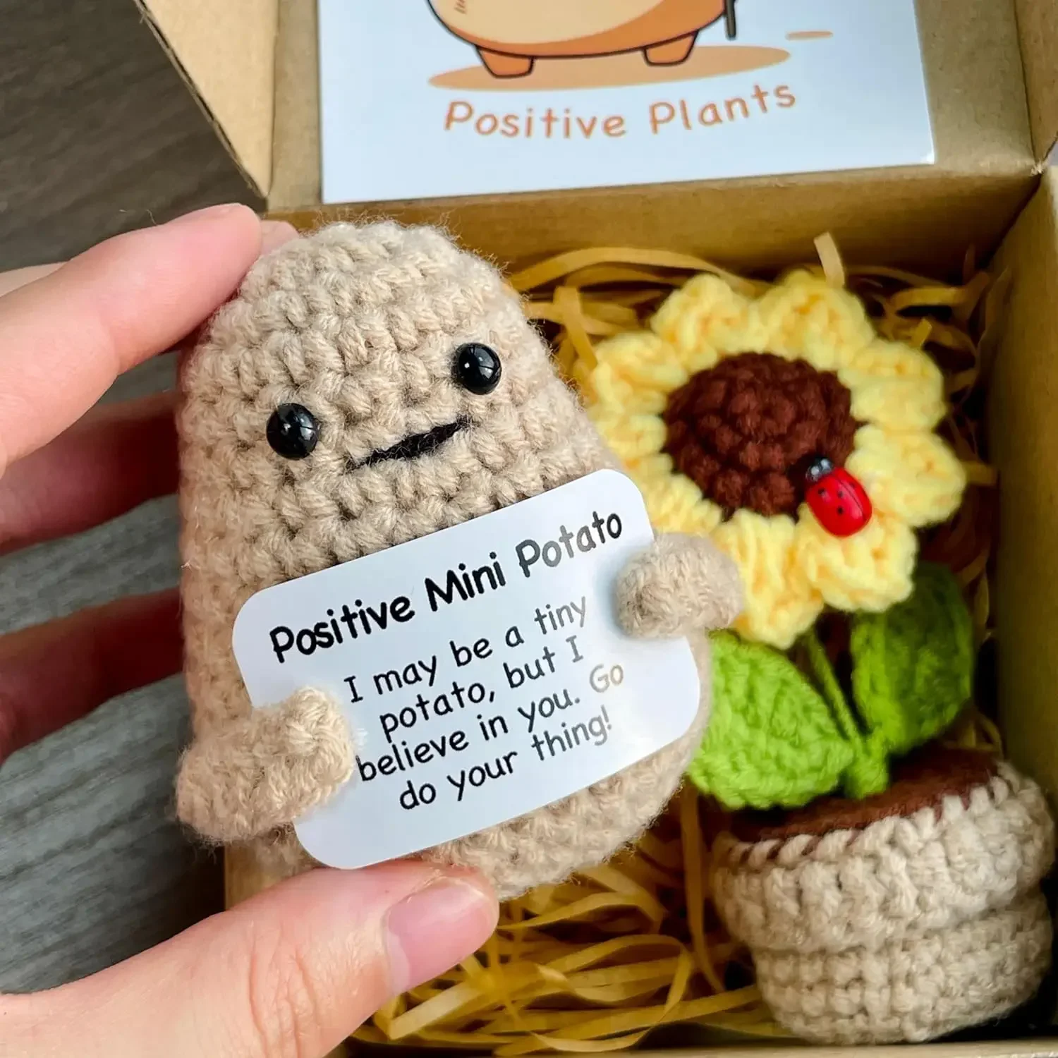 2PCS Positive Mini Sunflower Pot Potato Handicrafts Creative Funny Knitted Flower Crafts Desk Decoration Crochet Birthday Gifts