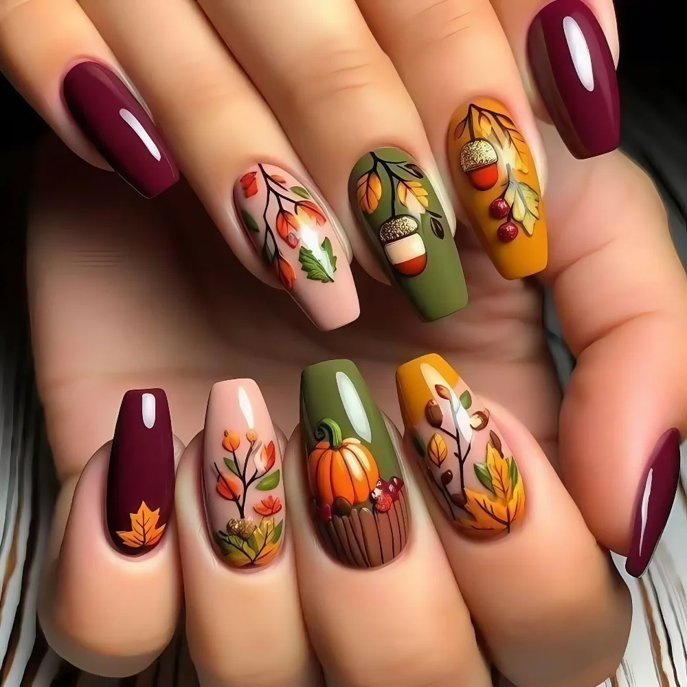 

24 Pcs Autumn Fake Nails with Glue Maple Leaf Pumpkin False Nails for Girls Medium Long Wine Red Reusable Press on Nails 2025
