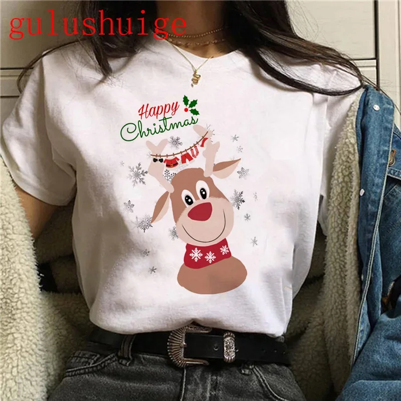 Frauen Santa Claus Frohe Weihnachten t hemd Rentier navidad T-shirt Mädchen Harajuku Kurzarm T Weibliche 90S Kleidung t-shirt