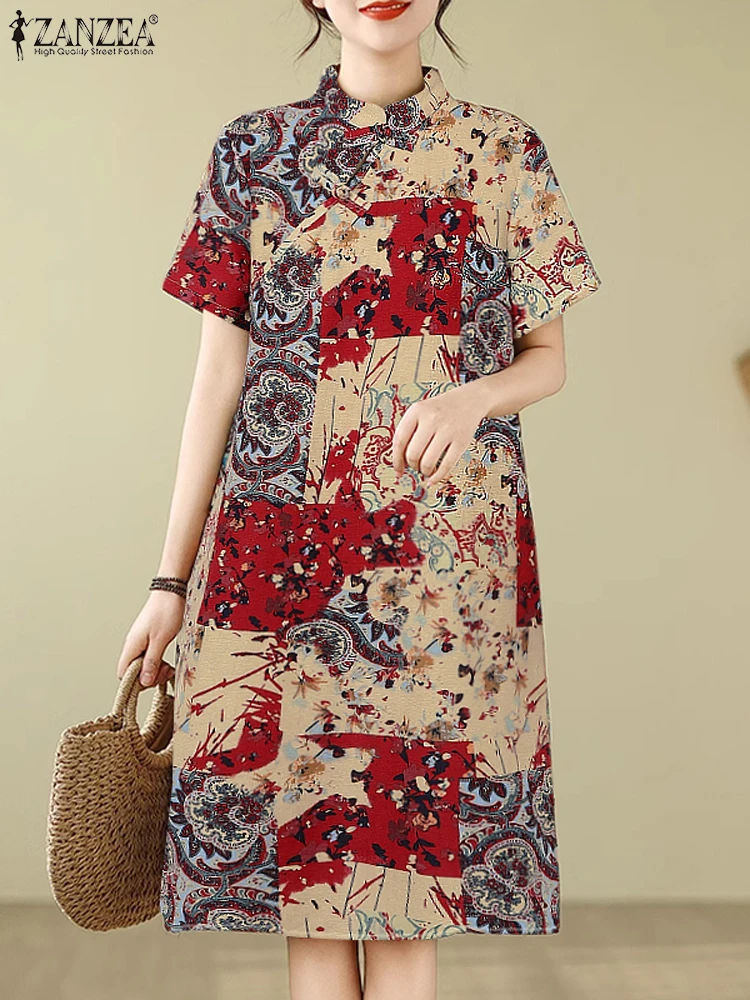 ZANZEA Knot Buttons Casual Vestidos Women Short Sleeve All-over Print Vintage Knee-length Dress Elegant Stand Collar A-line Robe