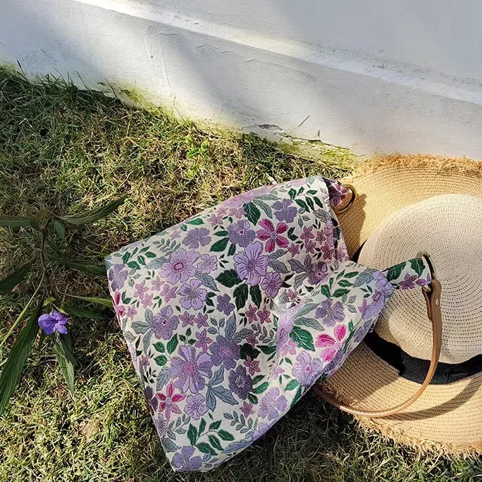 Shoulder Bags Soft Purple Literary Vintage Minority Design Office Lady Solid Color Tote Belt Chain Floral Printed Zipper Square