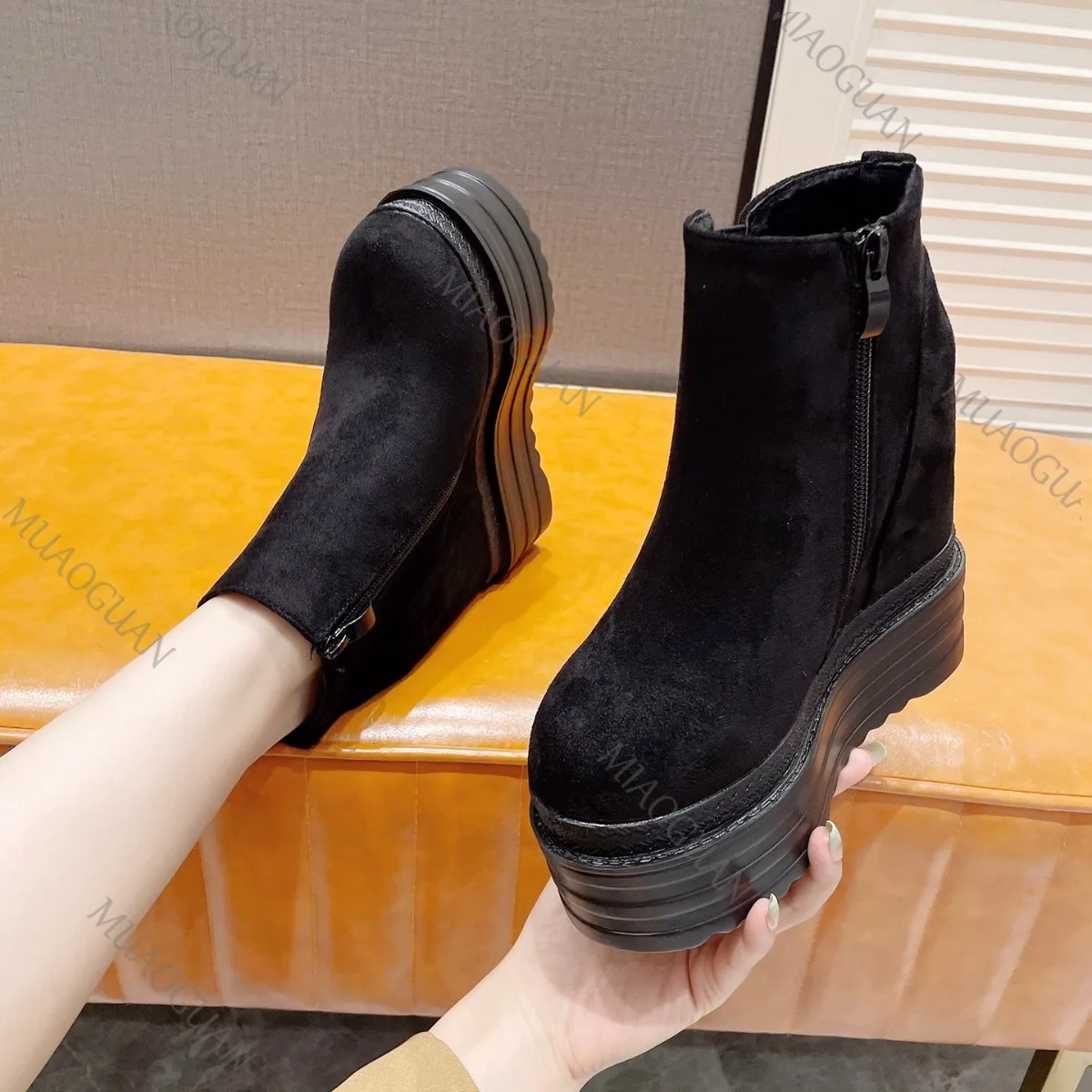 14CM Super High Heels Wedges Ankle Boots for Women Black Platform Punk Style Autumn Winter Women's Shoes Side Zip Short Botas
