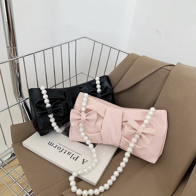 Fashion bow pleated shoulder armpit bag pearl chain messenger bag