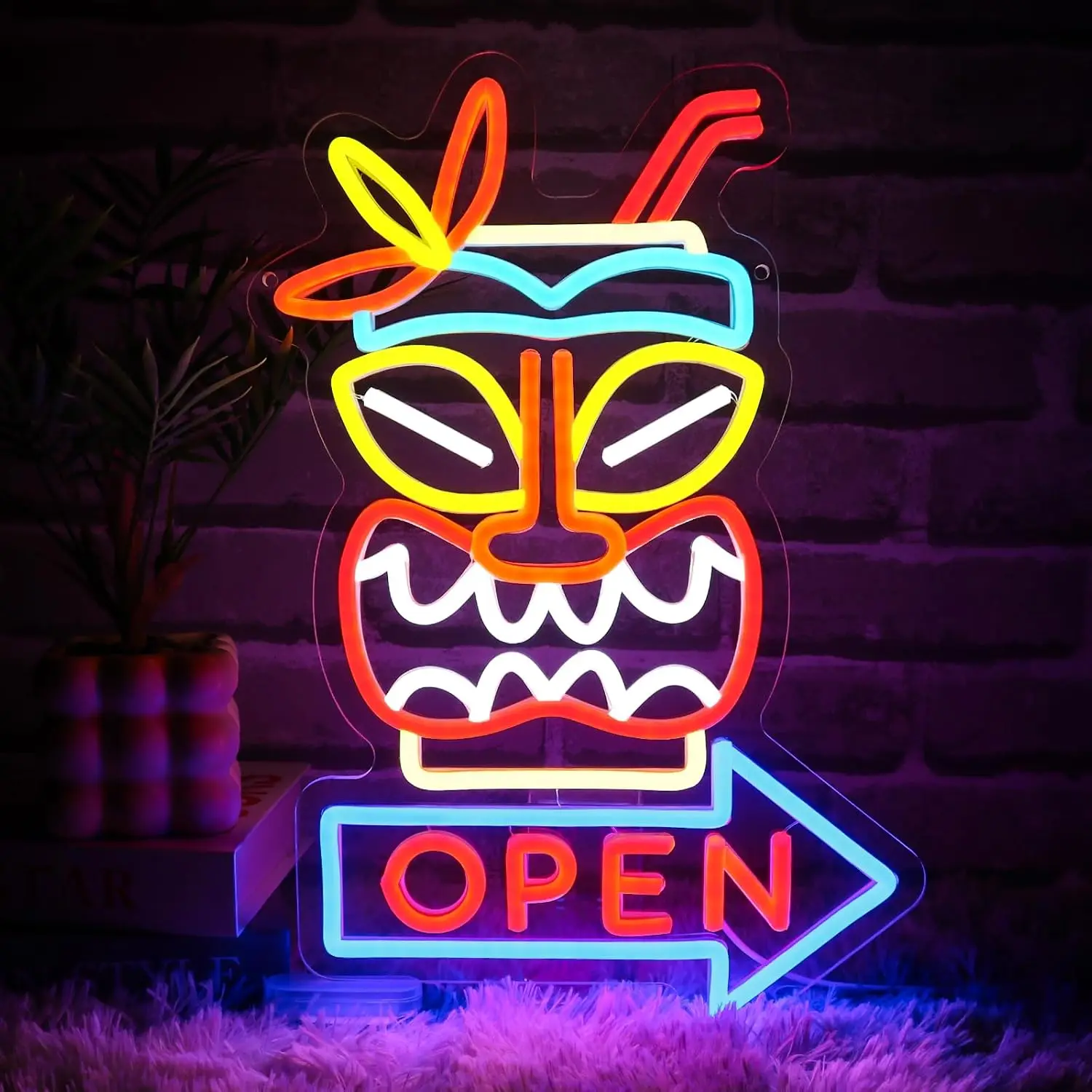 

Tiki Bar Open Neon Sign USB Dimmable LED Neon Light for Beer Bar Beach Recreation Room Shop Tropical Party Decoration Gift