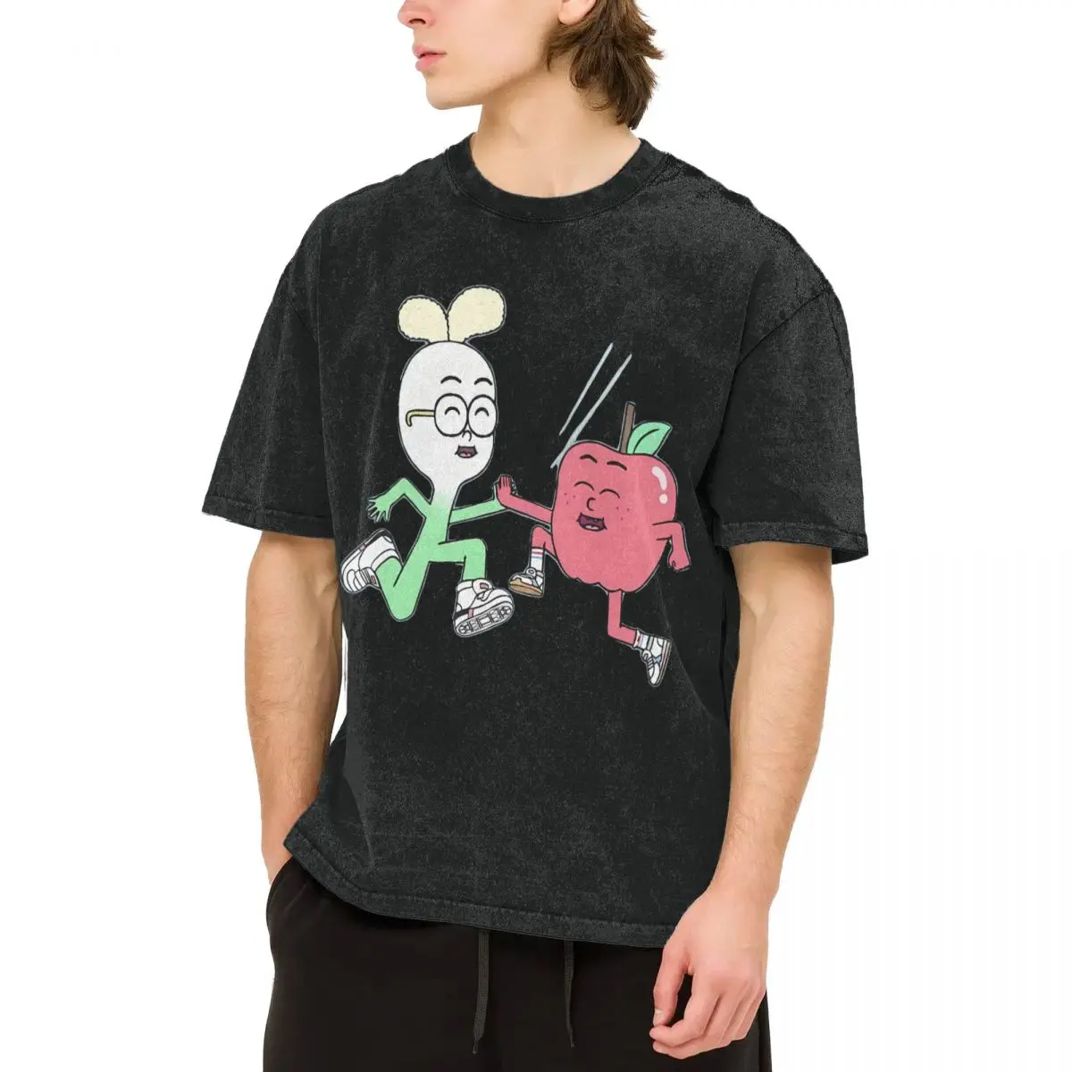 Harajuku 100% Cotton Oversized Tshirt,Men Short Sleeve Tees,Apple And Onion Summer Loose Washed Tops T-Shirt