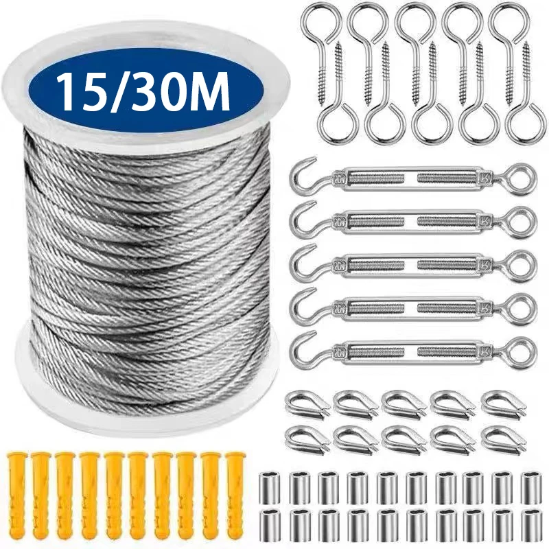 

15/30m Stainless Steel Cable Rope Kits Heavy Duty Garden Wire Cable Balcony Railing Farm Fence Tent Roll 304 PVC Coated