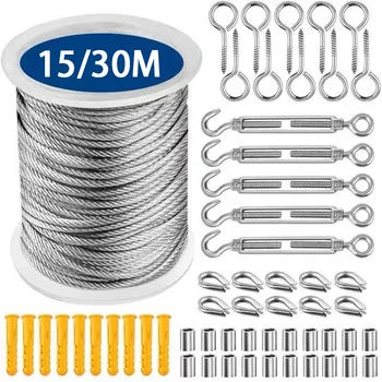 15/30m Stainless Steel Cable Rope Kits Heavy Duty Garden Wir...