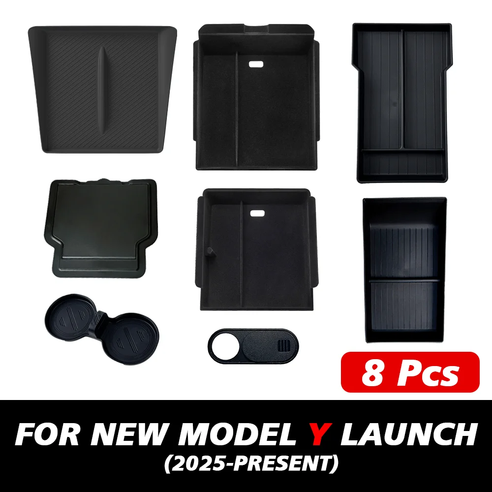 TEKSY For Tesla New Model Y 2025  Juniper Console & Armrest Upper and Lower Flocking Storage Box Watercup Holder Camera Cover