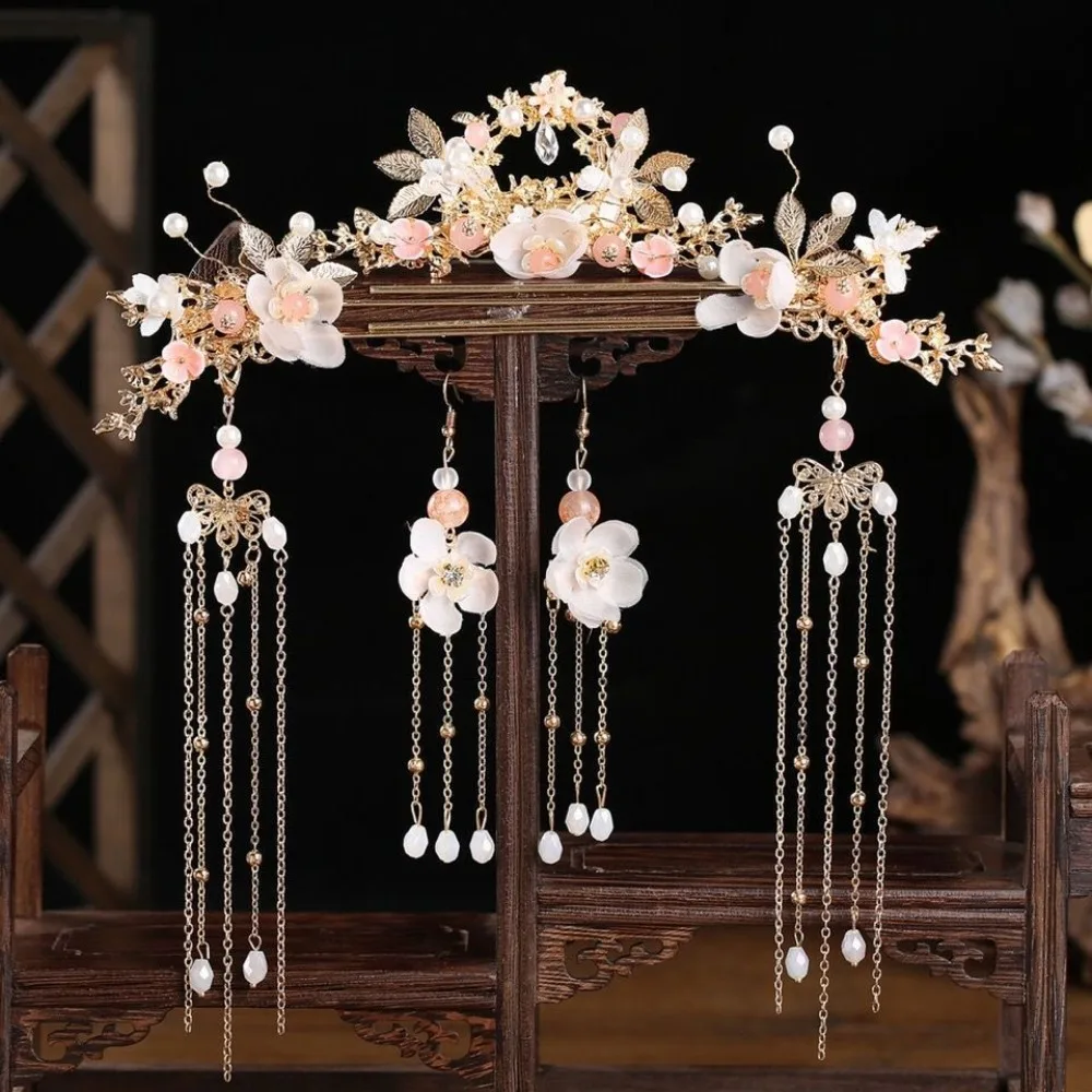 

Винтажный традиционный головной убор для невесты в стиле Ханьфу: полный комплект с заколками-кисточками, гребнем для волос, элегантными заколками-шпильками, аксессуарами для старинного костюма феи