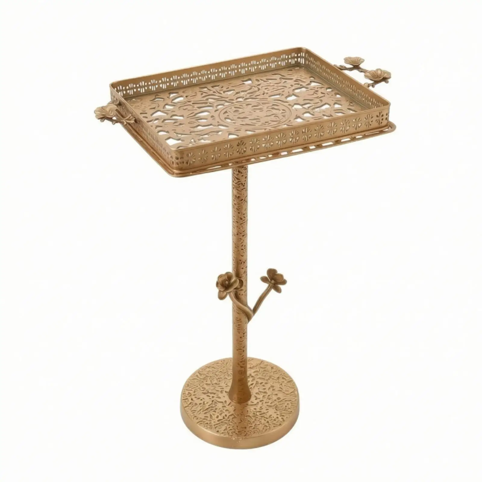 Tray Table with Handles Brass-Tone Metal Tray Table Floral Cutout for Entryway
