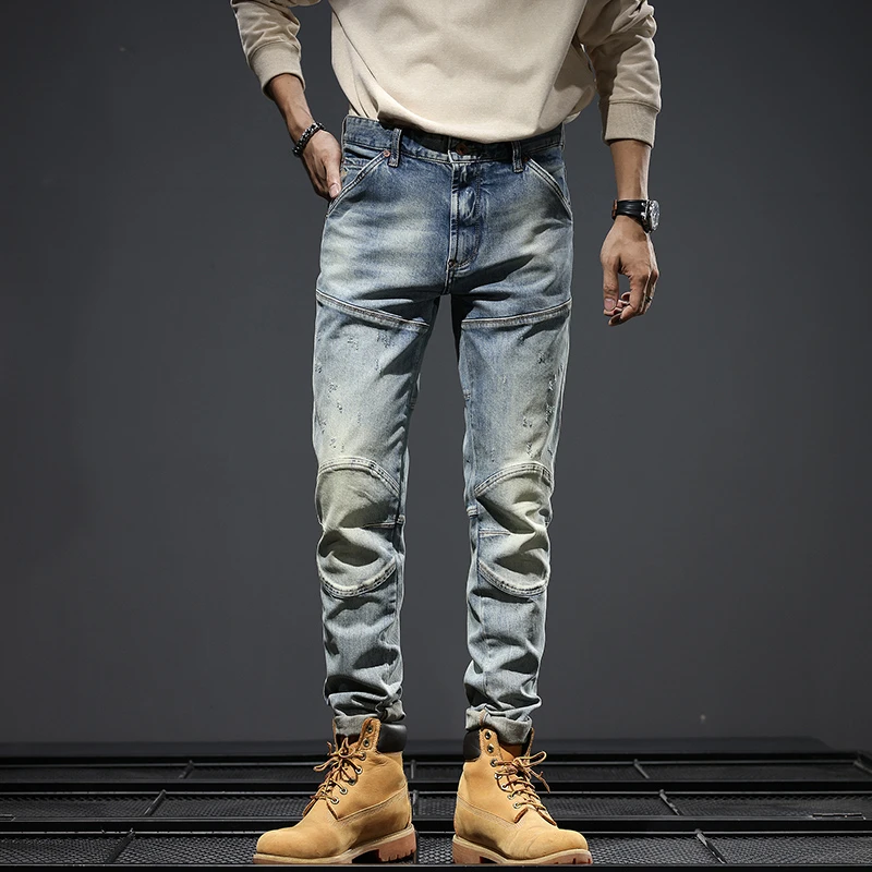 

JXNS72 Trendy retro jeans, blue spliced motorcycle pants, high-end European and American style elastic