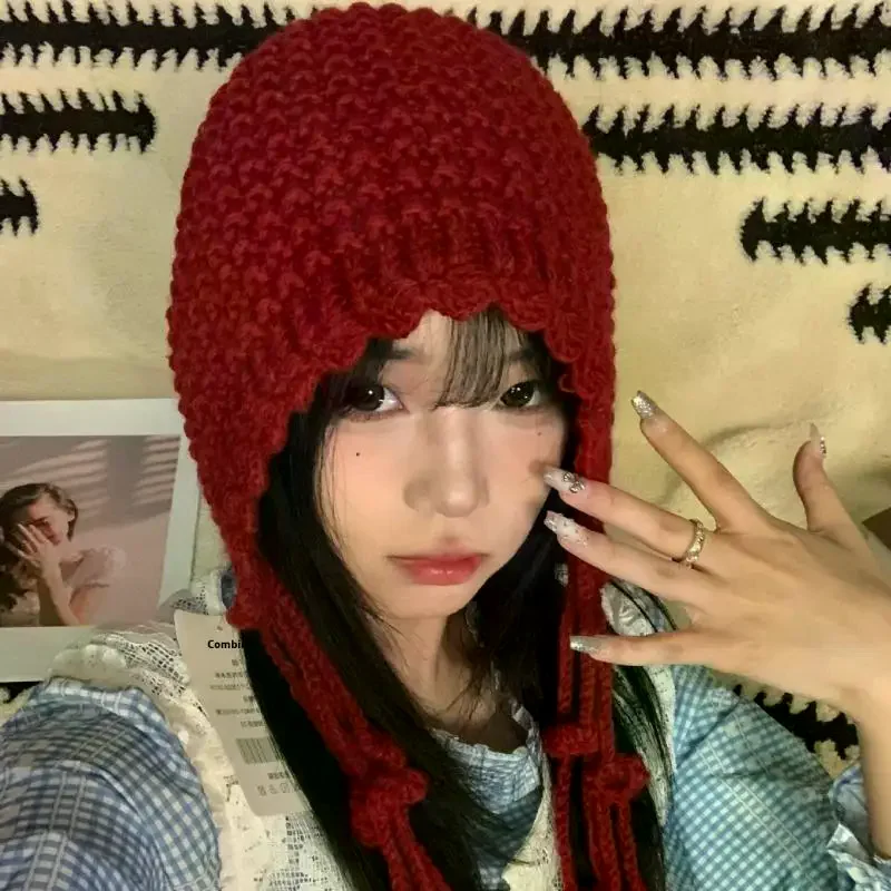 Christmas Winter Wool Tassel Knitted Ear Protection Hat For Women Winter Warm Crochet Earmuffs Caps Girl Pullover Beanie Bonnet