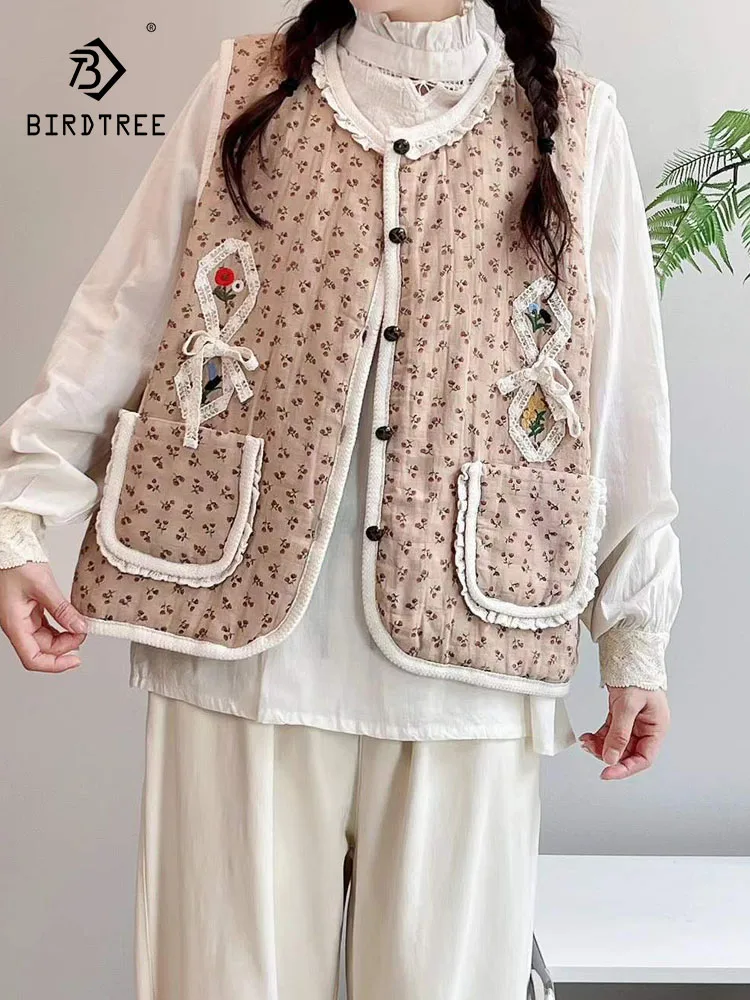 

Новый зимний жилет с хлопковой подкладкой 2025, женское кружевное лоскутное пальто с круглым вырезом и принтом Mori Girl French Sweet Casual, свободное теплое пальто C5N929CC