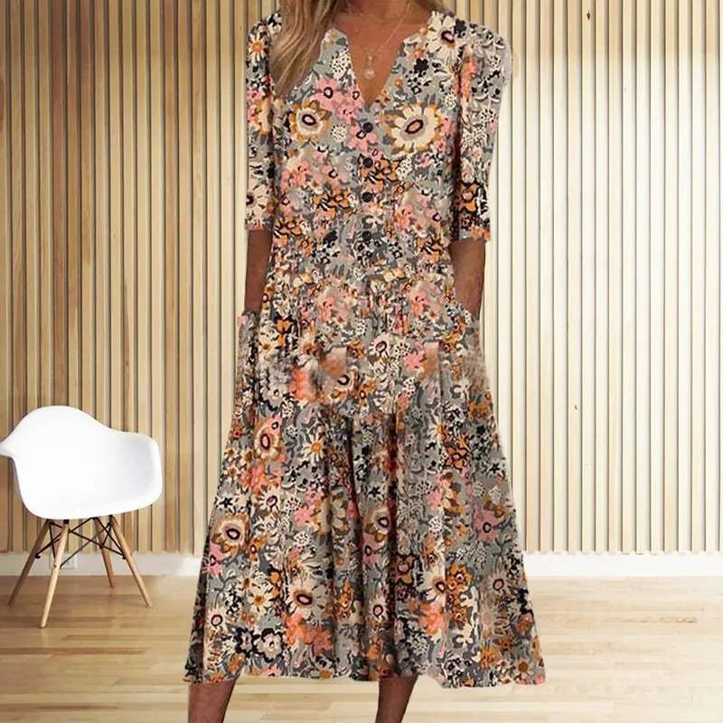 2024 New Spring/Summer Amazon European and American Cross border Women\'s Printed Pockets V-Neck Loose Casual Long Dress for Wome