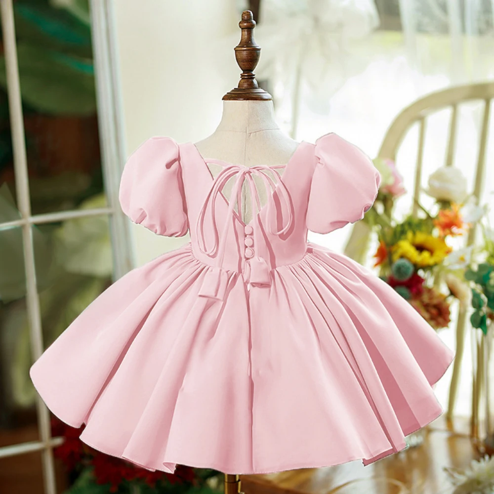 Fashion White Party Girls Dresses for Kids Puff Sleeve Wedding Baptism Princess 1st Birthday Dress Girl Bridemaid Summer Clothes