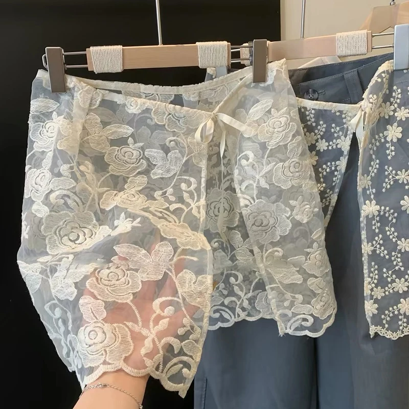 2026 Summer Y2K Floral Rose Flower Lace Half Skirt Flower Embroidery Gauze Skirt Hight Waist Lace-up Outwear Pants Mini Skirt